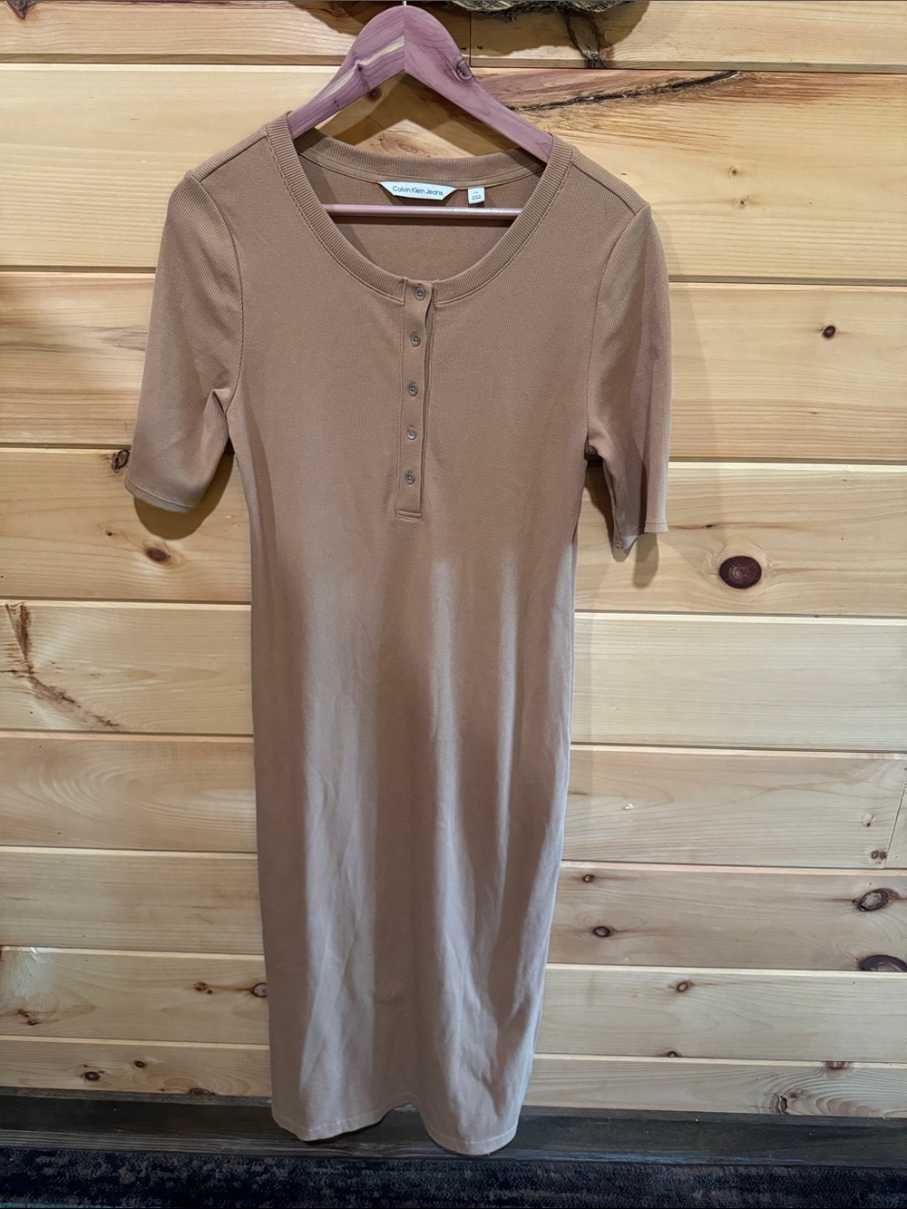 Calvin Klein Jeans Camel Henley Ribbed Midi Dress